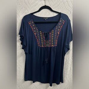 BOHO Navy Blue Embroidered Peasant Blouse by XB